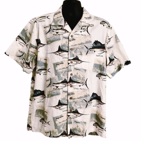 Reel Legends Fish Print Shirt Sz M Mens Button Up Key West Captive Short Sleeve - Picture 1 of 13